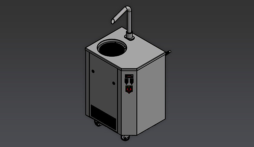 Schokoladenmaschine lcm 25 at-s zum überziehen von Schokolade, als 3D-Render dargestellt.