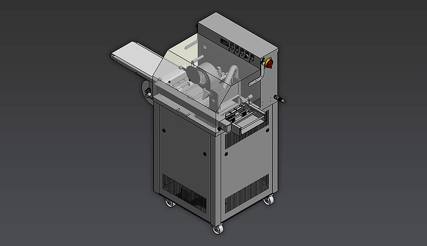 Industrielle Schokoladenmaschine 180 ATC - S zur automatisierten Verarbeitung von Schokolade, als 3D-Render dargestellt.