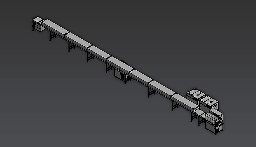 Industrielle Schokoladenmaschine ATC P Überzugsmaschine und 600 CTB Kühltunnelzur Verarbeitung von Schokolade, als 3D-Render dargestellt.