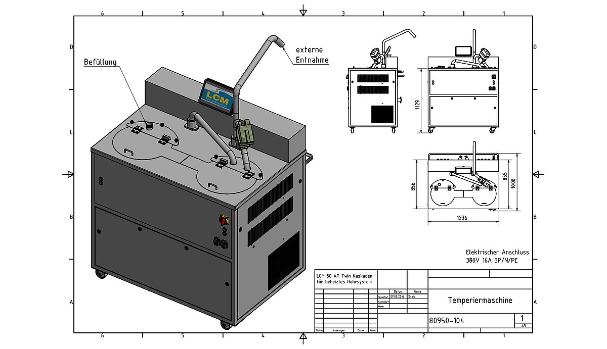 Schokoladenmaschine lcm at kaskaden twin zum temperieren und überziehen von Schokolade, als 3D-Render und als skizze mit größenmaßen dargestellt.