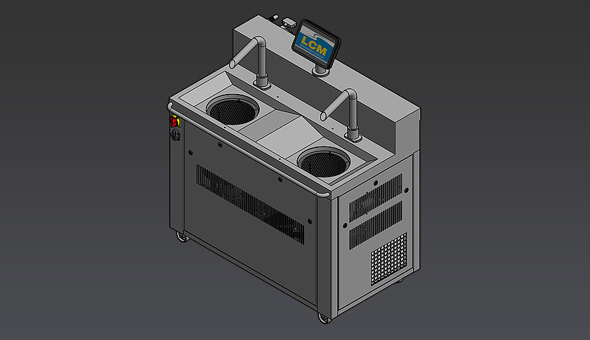Schokoladenmaschine lcm 25 at twin temper ist zum temperieren und überziehen von Schokolade, als 3D-Render dargestellt.