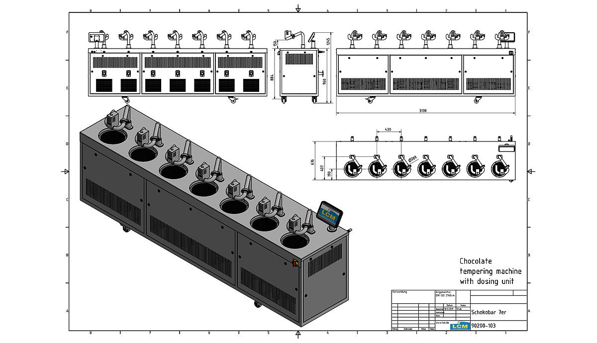 Schokoladenmaschine schokobar zum temperieren und überziehen von Schokolade, als 3D-Render und als skizze mit größenmaßen dargestellt.