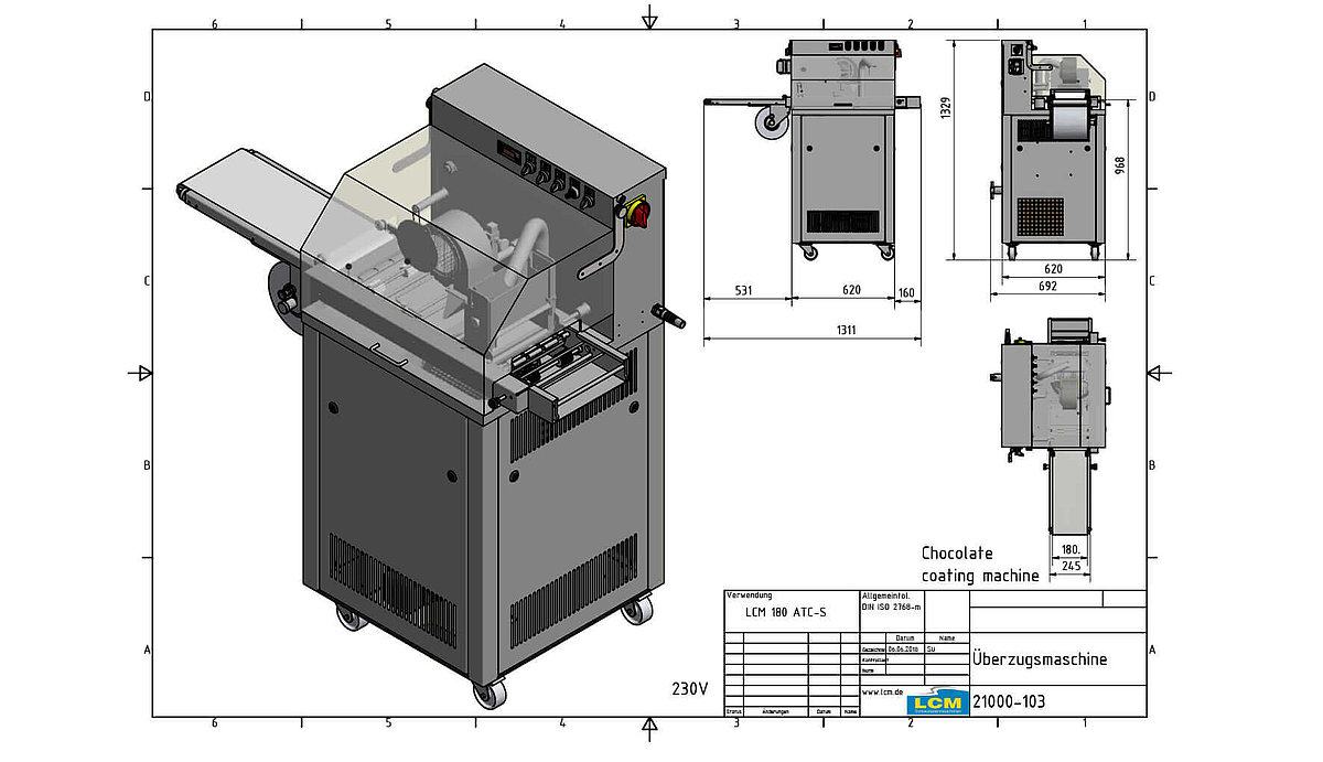 Schokoladenmaschine ueberzugsmaschine 180 atc-s zum temperieren und überziehen von Schokolade, als 3D-Render und als skizze mit größenmaßen dargestellt.