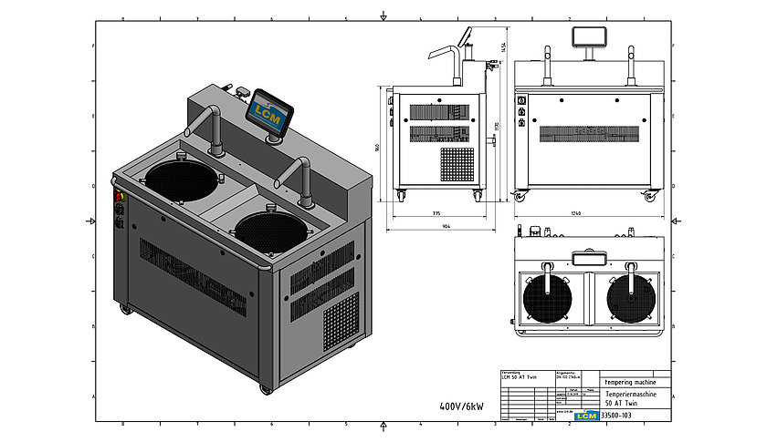 Schokoladenmaschine lcm 50 at twin zum temperieren und überziehen von Schokolade, als 3D-Render und als skizze mit größenmaßen dargestellt.